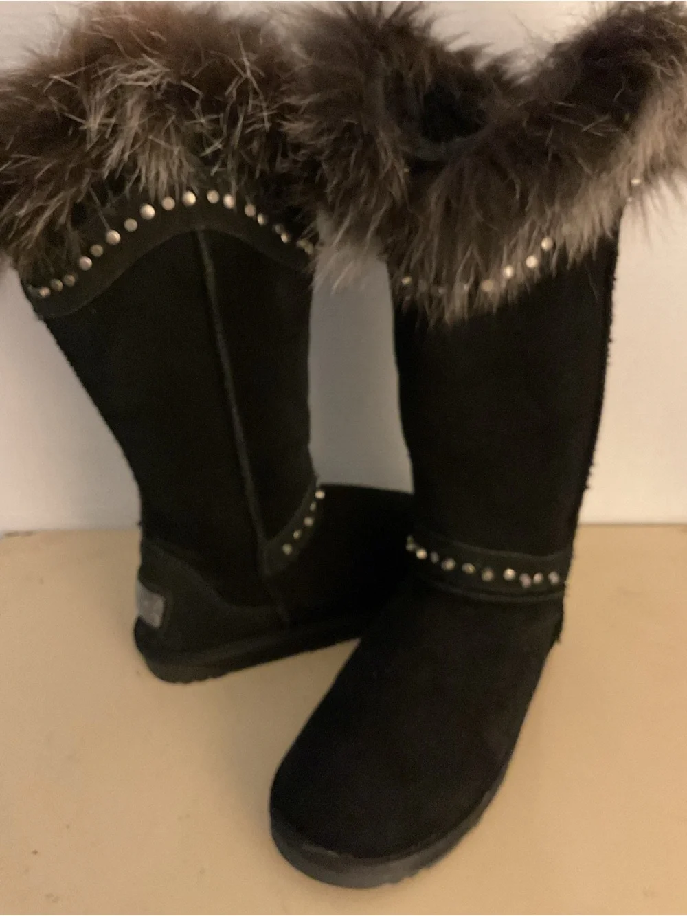 Australia collection women black suede fur stud tall boots US 8